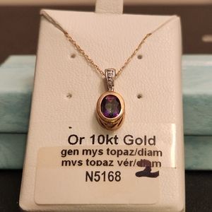 NEW 10K SOLID GOLD OVAL-SHAPE GENUINE MYSTIC TOPAZ AND DIAMOND NECKLACE